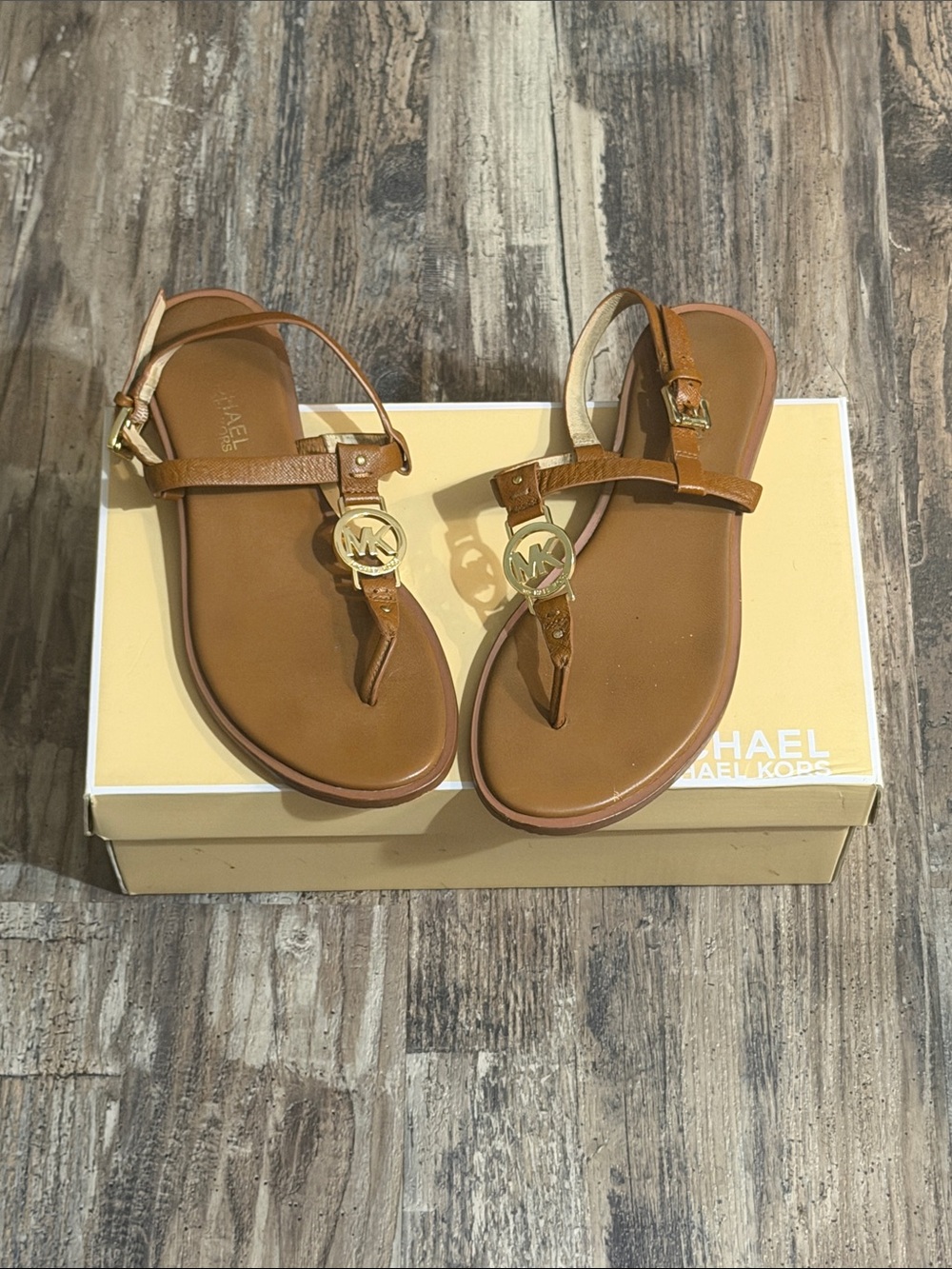 Michael Kors Brown Leather Logo T-strap Sandals